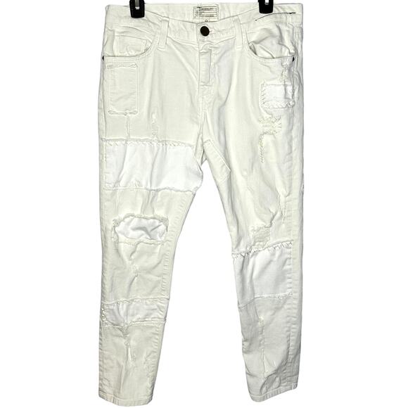 Current/Elliott The Fling White Moto Distressed Slim Boyfriend Patch Jeans 28 - Picture 2 of 10